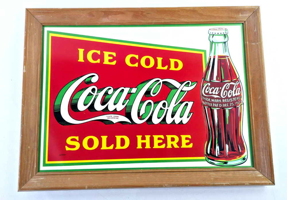Vintage Coca Cola Framed Metal Sign Ice Cold Coca Cola Sold Here